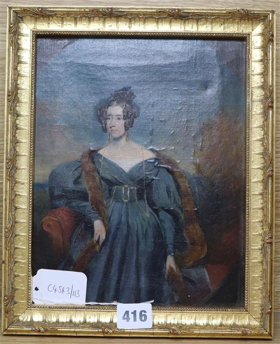 Manner of Chalon, oil on canvas, Portrait of an elegant young woman in a blue gown, oval, 25.5 x 20cm